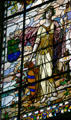 Justice panel with woman holding scepter & shield on Missouri values stained glass window at Missouri State Capitol. Jefferson City, MO.