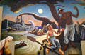 Detail of steamboat Sam Clemens with Huck Finn & Jim on raft on Social History of Missouri mural by Thomas Hart Benton at Missouri State Capitol. Jefferson City, MO.