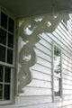 Worked wooden porch bracket of spin shop in Canterbury Shaker Village. NH.