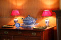 Blue & white tureen with lamps in dining room of Aspet at Saint-Gaudens NHS. Cornish, NH.