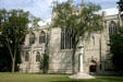 Gothic exterior of side of University Chapel over Mather Sundial. Princeton, NJ.