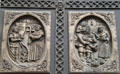 Spanish colonizer Juan de Oñate arrives & parish church built on panels of St. Francis Cathedral bronze door. Santa Fe, NM.
