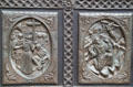 Expelled Spaniards returned & St Francis of Assisi church rebuilding starts on panels of St Francis Cathedral bronze door. Santa Fe, NM.