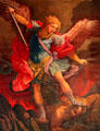 Painting of St Michael slaying a devil at San Miguel Mission. Santa Fe, NM