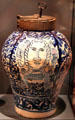 Puebla blue-on-white chocolate storage jar at New Mexico History Museum. Santa Fe, NM.