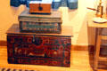Chests from Mexico, China or Philippines, & Michoacán Mexico in Delgado home display at Museum of Spanish Colonial Art. Santa Fe, NM.
