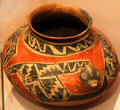 Salado style black, red & white pottery jar with head of bird handle at Maxwell Museum of Anthropology. Albuquerque, NM.