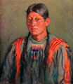 Jerry Mirabal, Taos in Sioux War Shirt painting by Joseph Henry Sharp at Blumenschein Home & Museum. Taos, NM.
