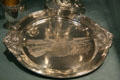 Battleship USS Nevada silver service tray with image of dam at Nevada State Museum. Carson City, NV.