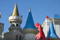 Red & blue conical roofs of castle at Excalibur Hotel & Casino. Las Vegas, NV.