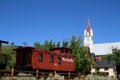 Denver & Rio Grande Western caboose against St. Mary's in the Mountains Catholic Church. Virginia City, NV.