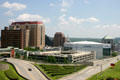 Downtown Albany from heights of Empire Plaza with brown-roofed State Comptrollers Headquarters. Albany, NY.