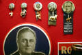 Roosevelt campaign pins with donkeys in Presidential Museum. Hyde Park, NY.