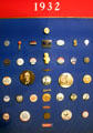 Collection of Roosevelt campaign pins from 1932 in Presidential Museum. Hyde Park, NY.
