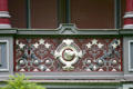 Cast iron railing with dog's head medallion of Octagon House. Irvington, NY.