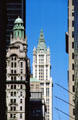 Looking up Broadway to Trinity Building & Woolworth Building. New York, NY.