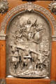 Detail of plaque of King Merovech over forces of Attila the Hun in 451 on veneered armoire by Jean Brandely, Charles-Guillaume Diehl & Emmanuel Frémiet of Paris at Metropolitan Museum of Art. New York, NY.