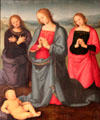 Virgin & Sts Adoring Christ Child painting c1500 by Pietro Vannucci of Italy at Morgan Library. New York City, NY.