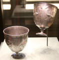 Pair of Roman silver cups decorated with cranes at Morgan Library. New York City, NY.