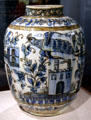 Ceramic vase with building & birds from Iran at Brooklyn Museum. Brooklyn, NY.