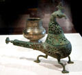 Copper alloy incense burner in shape of bird from Iran at Brooklyn Museum. Brooklyn, NY.