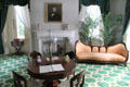 Pedestal center table with side chairs against sitting room fireplace at Lindenwald. Kinderhook, NY.