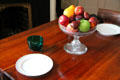 Glass compote with star pattern & Van Buren initialed VB plates on breakfast room table at Lindenwald. Kinderhook, NY.