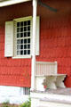 Dutch colonial details of Schenck House with feathered wood shingle siding at Old Bethpage Village. Old Bethpage, NY.