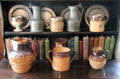 Brown salt glaze & pewter jugs & cups at Home Sweet Home Museum. East Hampton, NY.