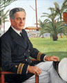 Portrait of William Kissam Vanderbilt II builder of Vanderbilt Mansion in front of motor yacht Alva. Centerport, NY.