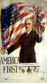 America First poster showing W.G. Harding holding American flag by Howard Chandler Christy in Heritage Hall museum. Marion, OH.