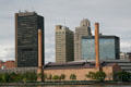 Skyline of Toledo with Fiberglass Tower, Toledo Trust, National City Bank, Toledo Edison, & power plant buildings. Toledo, OH.