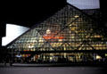 Rock & Roll Hall of Fame pyramid lit at night. Cleveland, OH.