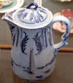Covered chocolate pot with blue-gray boats & windmills at Museum of Ceramics. East Liverpool, OH.
