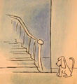 Thurber drawing with dog at stairway at The James Thurber House. Columbus, OH