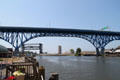 Cleveland Memorial Shoreway & railway lift bridge over Cuyahoga River. Cleveland, OH.