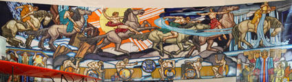 Man's Conquest of the Elemental Forces of Nature porcelain enamel mural for New York World's Fair Home by J. Scott Williams , Daniel Boza & Cleveland Ferro Enamel Corp. Then exhibited in concourse of Terminal Tower, Cleveland. Now at Cleveland History Center. Cleveland, OH.