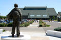 Statue of aviator faces Space building of Evergreen Aviation & Space Museum. McMinnville, OR.