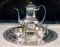 Silver coffee pot with sugar & creamer bowls at Marble House. Newport, RI.