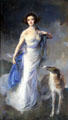 Portrait of woman in white with blue sash beside dog at Rosecliff. Newport, RI.
