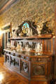Dining room sideboard with carvings of Bacchus, game birds, fruit & flowers at Chateau-sur-Mer. Newport, RI.
