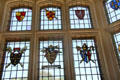 Stained glass windows with crests of Magna Carta signatories installed by Horace Trumbauer during renovations at Rough Point. Newport, RI.