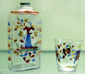 Enameled glass bottle & drinking glass from Pennsylvania or Europe at RISD Museum. Providence, RI.