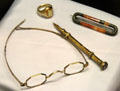 Objects owned by Sam Houston including spectacles, gold pen, pin & ring at San Jacinto Monument museum. San Jacinto, TX.
