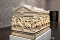 Roman marble sarcophagus showing battle between soldiers & amazons at Museum of Fine Arts, Houston. Houston, TX