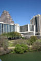 San Jacinto Center to right of Radisson Hotel above Colorado River. Austin, TX.