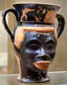 Back side of Attic terracotta Kantharos drinking cup with image of African man from Greece at San Antonio Museum of Art. San Antonio, TX.