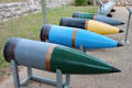 Color coded 16 inch naval gun shells for battleships at Pacific Combat Zone of National Museum of the Pacific War. Fredericksburg, TX.