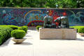 Henry Moore stabile with Genesis mosaic mural at Dallas Museum of Art. Dallas, TX.
