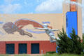 Cougar & Bison mural, Tenor statue & Centennial Hall of Texas Centennial Exposition building at Fair Park. Dallas, TX.